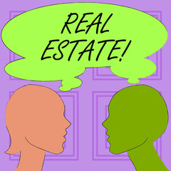 Conceptual hand writing showing Real Estate. Concept meaning owning property consisting of empty land or buildings Silhouette Sideview Profile of Man and Woman Thought Bubble