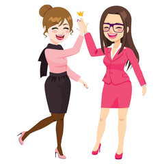 Happy excited business women making high five with palm hands 