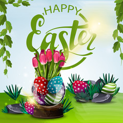 Poster with wishes of happy Easter with vase with Easter eggs and tulips