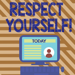 Text sign showing Respect Yourself. Business photo showcasing believing that you good and worthy being treated well Desktop Computer Mounted on Stand with Online Profile Data on Monitor Screen