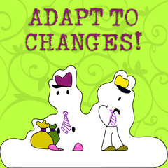 Conceptual hand writing showing Adapt To Changes. Concept meaning Innovative changes adaption with technological evolution Figure of Two Men Standing with Pouch Bag White Snow Effect
