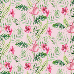 Hand drawn watercolor tropical bird flamingo seamless pattern . Exotic rose bird illustrations, jungle tree, brazil trendy art. Perfect for fabric design. Aloha collection.
