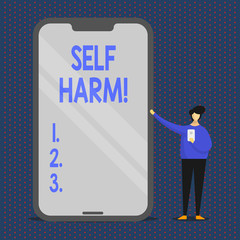 Conceptual hand writing showing Self Harm. Concept meaning deliberate injury typically analysisifestation psychological Man Presenting Huge Smartphone while Holding Another Mobile