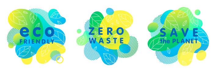 Set of trendy zero waste concepts with bright liquid shapes,tiny leaves and geometric elements.Fluid compositions perfect for Earth Day,prints,logos,flyers,banners design and more.Eco concepts.