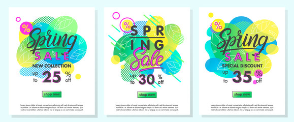 Set of spring special offer banners.Trendy templates with gradient backgrounds,fluid shapes and geometric elements.Sale posters perfect for prints, flyers banners, promotional ad, special offers.