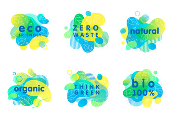 Set of bio,eco,organic,natural stickers and logos with liquid shapes.Fluid compositions perfect for Earth Day,zero waste,prints,logos,flyers,banners design and more.Eco friendly lifestyle concepts.