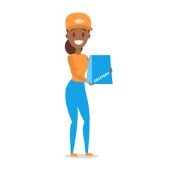 Delivery woman. Courier in uniform holding a blue parcel