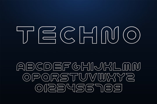 Vector technology contour font. Outline english alphabet. Latin letters and numerals - digital minimalistic design