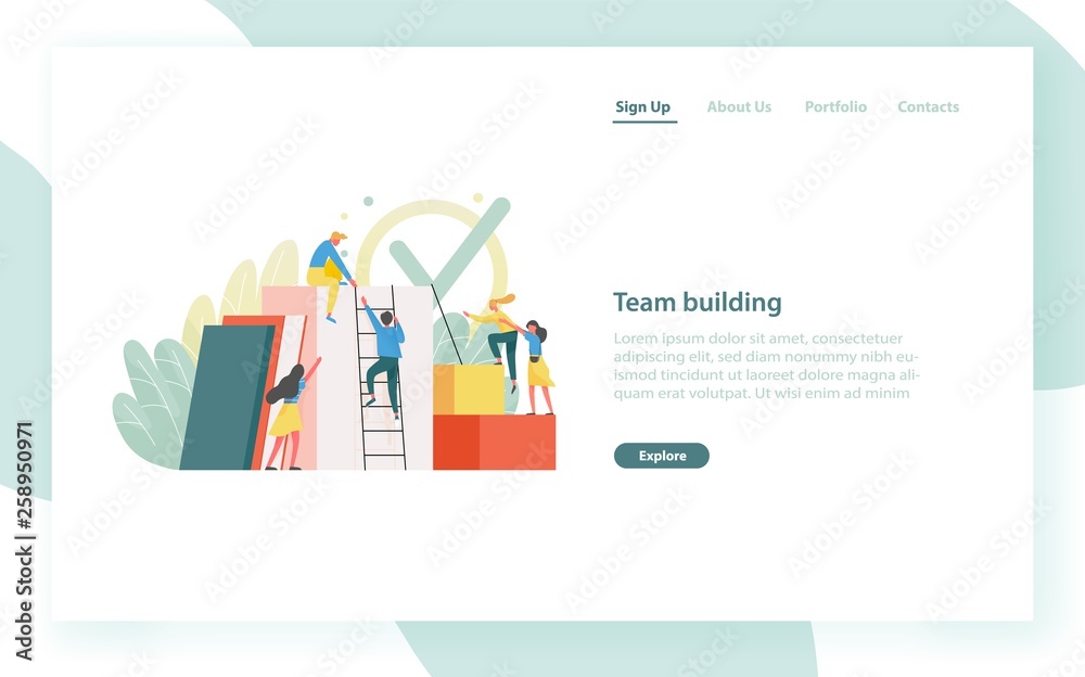 Poster landing page template with group of clerks, employees or office workers climbing up together and sup