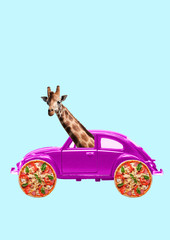 A dream about weekend. Retro pink car with wheels as a tasty pizza and giraffe's head inside. Let's have journey, enjoy your trip in holiday. Negative space. Modern design. Contemporary art collage.