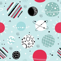 Fotobehang Kosmos Kinderachtig naadloos patroon met ruimte-elementen. Creatieve kinderkamer achtergrond. Perfect voor kinderontwerp, stof, verpakking, behang, textiel, kleding.