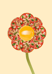 A lunch break. An alternative flower with egg in centre and petals as tasty pizzas with salami, meat, tomato or vegetables, chiken filett. Food concept. Modern design. Contemporary art collage.