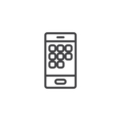 Smartphone dial number line icon. linear style sign for mobile concept and web design. Mobile phone protection with a graphic key outline vector icon. Symbol, logo illustration. Pixel perfect vector 