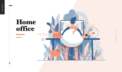 Technology 3 -Home Office - modern flat vector concept digital illustration home office metaphor, a freelancer guy working at home with pets and plants. Creative landing web page design template