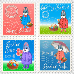 Seth Postage stamp-discount coupon with an Easter bunny with an umbrella, holding a basket with eggs and a cake. He gives a bouquet of tulips. Seal greetings on Easter. Vector.
