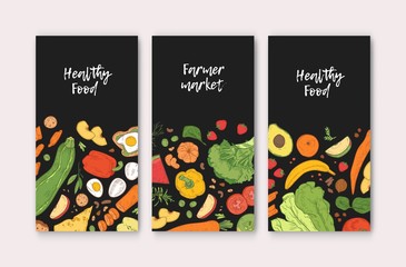 Set of vertical banner templates with healthy food, fresh delicious ripe fruits and vegetables on black background. Hand drawn realistic vector illustration for farmers market advertisement, promo.