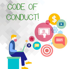 Text sign showing Code Of Conduct. Business photo showcasing Follow principles and standards for business integrity Man Sitting Down with Laptop on his Lap and SEO Driver Icons on Blank Space