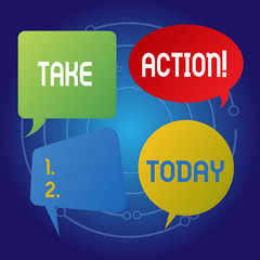 Text sign showing Take Action. Business photo showcasing do something official or concerted to achieve aim with problem Blank Speech Bubble Sticker in Different Shapes and Color for Multiple Chat