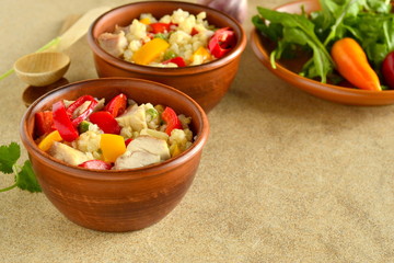 Rice with chicken and vegetables, copy space