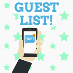 Writing note showing Guest List. Business concept for showing who are to be admitted to concert or similar event Human Hand Holding Smartphone with Unread Message on Screen
