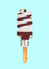 An alternative source of energy. Icecream with chocolate as a light bulb on the wooden stick against blue background. Eco concept. Sweet lamp. Negative space. Modern design. Contemporary art collage.