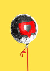 Likes. Social network's addiction. Dose of internet's love or drug. Silver balloon with sign of like in centre with the red tape against yellow background. Modern design. Contemporary art collage.