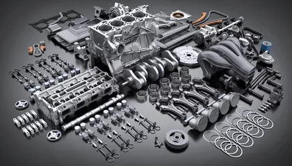 Foto op Plexiglas Car engine disassembled. many parts. © Vlad Kochelaevskiy