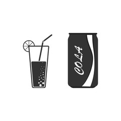 Soft soda and cola in aluminum can isolated on white background. Glass of juice, coctail. Cold drinks icon. Vector flat illustration