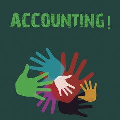 Conceptual hand writing showing Accounting. Concept meaning Account inner voice motivate yourself Hand Marks of Different Sizes for Teamwork and Creativity