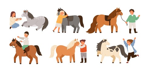 Collection of children and ponies. Set of cute happy boys and girls practicing horseback riding, playing with their domestic animals, caring about them. Flat cartoon colorful vector illustration.