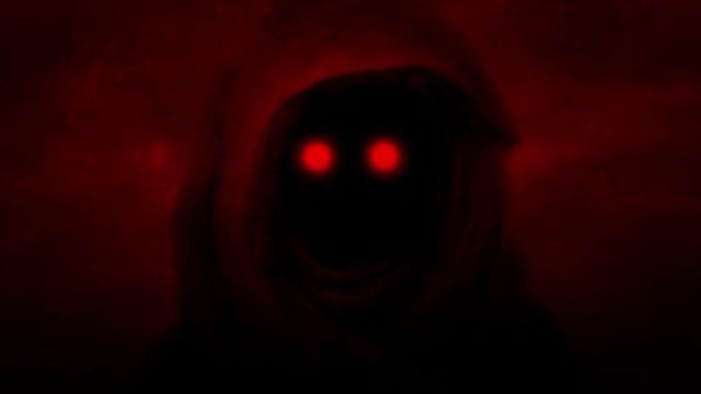 Scary monster face. Luminous eyes from under hood. 2D animation in horror fantasy genre. Scary animated backdrop movie. Angry devil head. Apocalyptic doomsday theme. Black and red background color. 