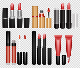 Realistic lipstick and lip gloss collection on transparent background