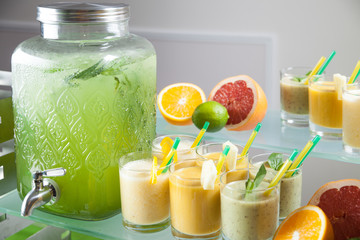 Set of cocktails at the bar, bright colored.