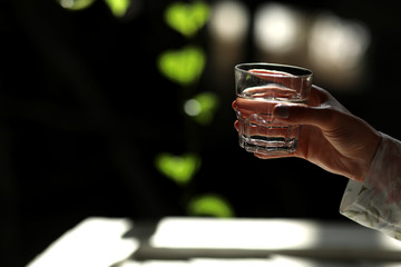 Woman hands isolated, holding a glass of water on a dark background with green leaves. the sun's rays fall on the glass. healthy morning