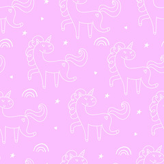 Hand drawn seamless vector pattern with cute unicorns, stars and planet. Repetitive wallpaper on pink background.