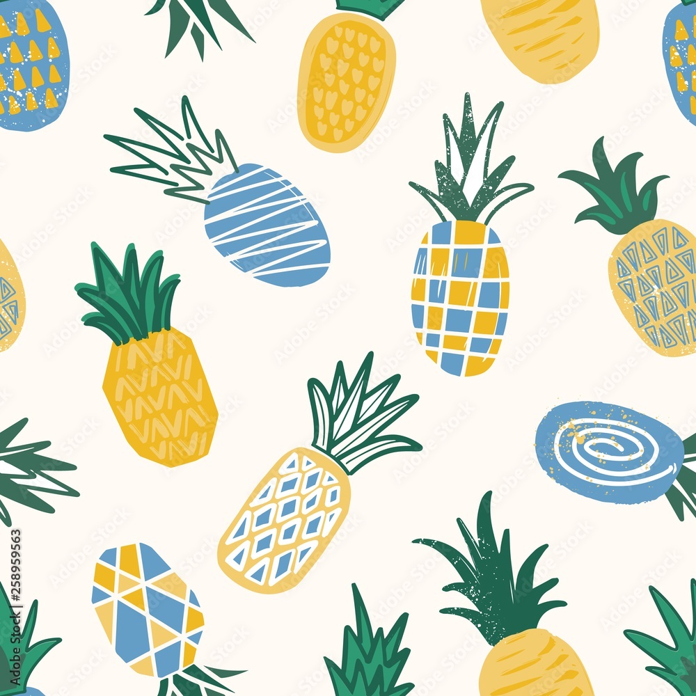 Poster Decorative seamless pattern with textured pineapples on light background. Backdrop with eco organic fruits. Summer vector illustration in doodle style for wrapping paper, textile print, wallpaper.
