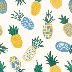 Decorative seamless pattern with textured pineapples on light background. Backdrop with eco organic fruits. Summer vector illustration in doodle style for wrapping paper, textile print, wallpaper.