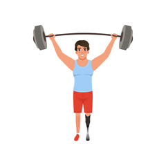 Young man with artificial leg holding barbell over his head. Weightlifting concept. Cross fit or competition sport game. Flat vector design