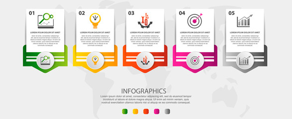 Modern vector illustration. Infographic template with five elements, circles and text. Step by step. Designed for business, presentations, web design, diagrams with 5 steps