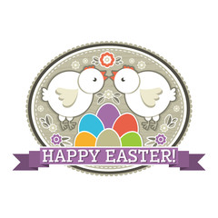 Fototapeta premium Easter label with color eggs, chicken and flowers. Holiday Easter greetings card. Print design, label, sticker, scrap booking, stamp, vector illustration
