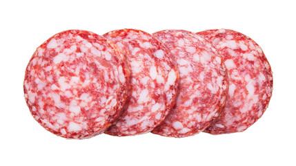 Top view of sliced sausage salami isolated on white background.