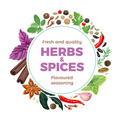Herbs and spices mix round frame. Vector illustration in flat style. Template for banner, advertisement, web, print, card, restaurant, menu, emblem, sticker, placard.