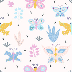 Romantic seamless pattern with stylish flowers and butterflies.  Cartoon flowers and butterflies vector illustration in scandinavian style. Great for fabric, textile.