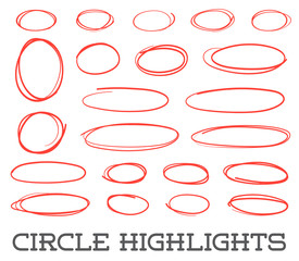 Highlight circles set. Vector collection. Hand drawn red ovals. Highlighting Text or important objects. Marker doodle sketch. Round scribble frames. Vector. - obrazy, fototapety, plakaty