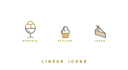 Food icons in linear style. icon sweet desserts, ice cream, cocktail drink, cake vector graphic.