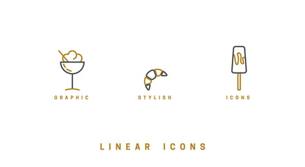 Food icons in linear style. icon sweet desserts, ice cream, cocktail drink, croissant vector graphic.