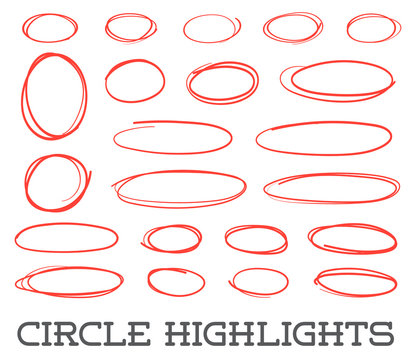 Highlight circles set. Vector collection. Hand drawn red ovals. Highlighting Text or important objects. Marker doodle sketch. Round scribble frames. Vector.