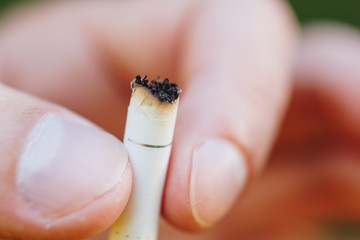 cigarette extinguished in his hand a man with a beard on nature against the background of green...