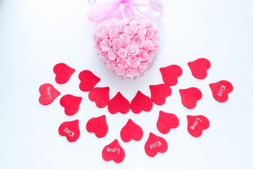 Symbol of love red paper hearts with labels pink handmade decoration for valentine day