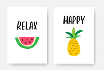 Happy summer poster A4 set with hand drawn lettering. Summer vacation banners with watermelon and pineapple. Creative tropical design for web, print, cards. Vector illustration